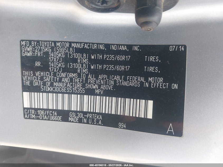 2014 Toyota Sienna VIN 5TDKK3DC6ES515355 IAAI salvage auction — LEFT SIDE, Salvage Title, sold $2,300 on 2026-07-09 (photo 9)