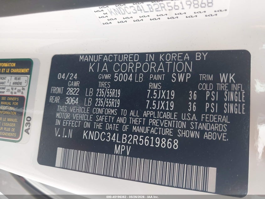 2024 Kia Ev6 VIN KNDC34LB2R5619868 IAAI salvage auction — LEFT SIDE, Salvage Certificate (California), sold $8,200 on 2026-07-18 (photo 9)