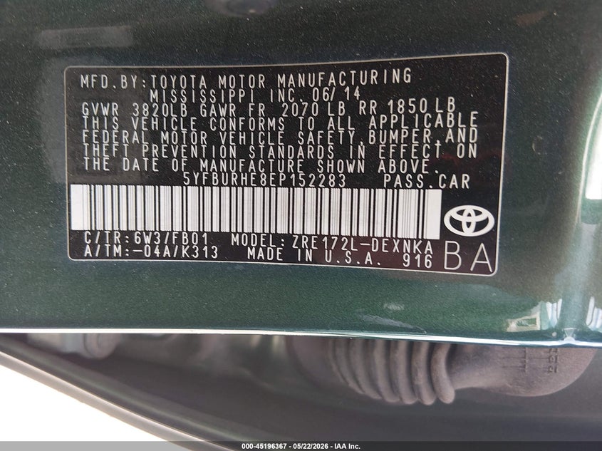2014 Toyota Corolla VIN 5YFBURHE8EP152283 IAAI salvage auction — NORMAL WEAR, Original (Texas), sold $2,050 on 2026-07-21 (photo 9)