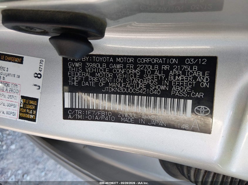 2012 Toyota Prius VIN JTDKN3DU0C5421040 IAAI salvage auction — HAIL, Clear (Montana), sold $775 on 2026-07-29 (photo 9)