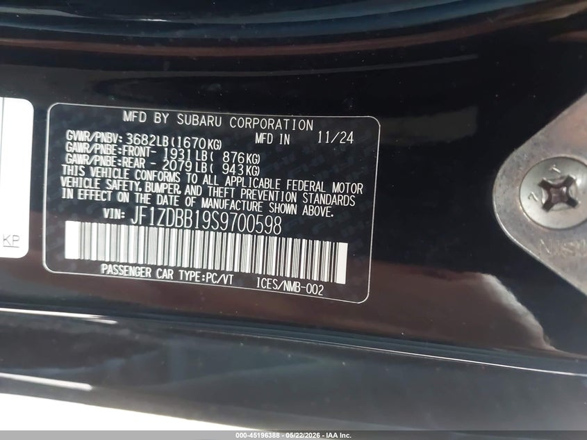 2025 Subaru Brz VIN JF1ZDBB19S9700598 IAAI salvage auction — SIDE, Salvage (Hawaii), sold $2,350 on 2026-07-28 (photo 9)