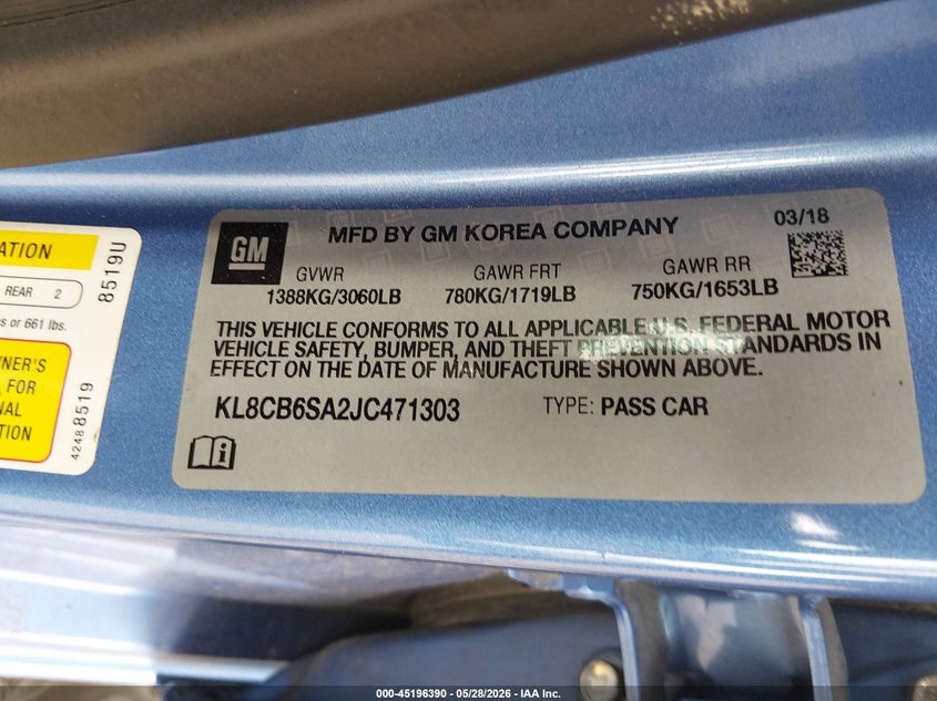 2018 Chevrolet Spark VIN KL8CB6SA2JC471303 IAAI salvage auction — FRONT END, Salvage Title, sold $1,150 on 2026-07-29 (photo 9)