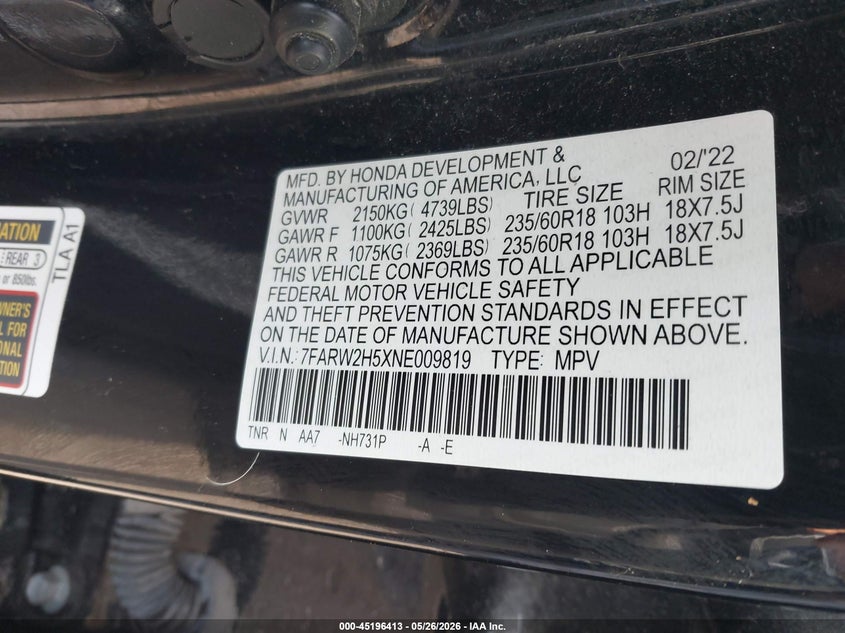 2022 Honda Cr-v VIN 7FARW2H5XNE009819 IAAI salvage auction — HAIL, Salvage (Ohio), sold $14,100 on 2026-07-28 (photo 9)