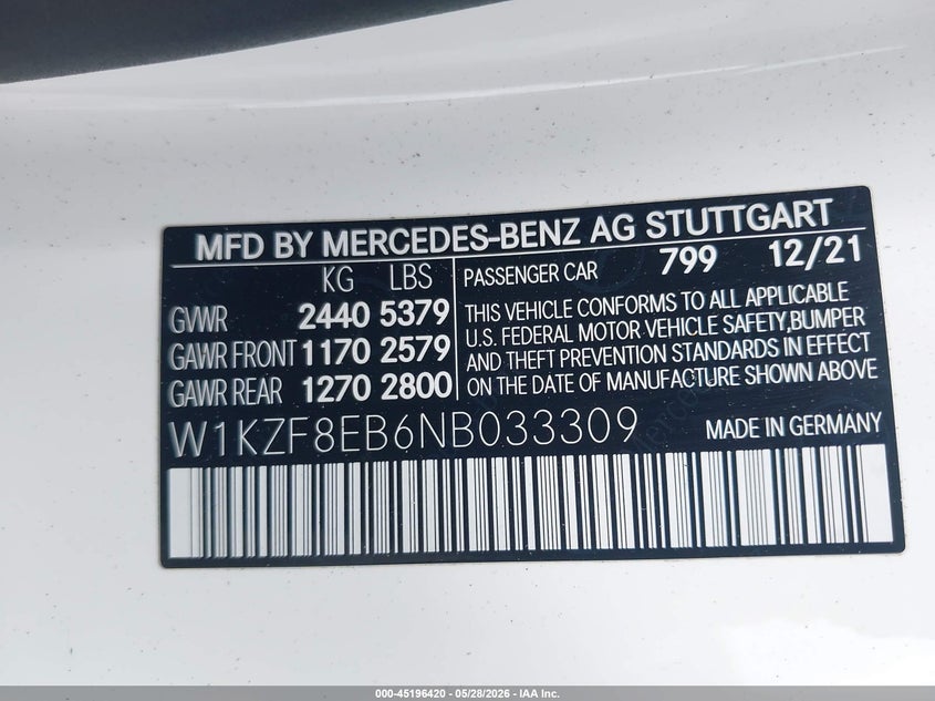 2022 Mercedes-benz E-klasse VIN W1KZF8EB6NB033309 IAAI salvage auction — FRONT END, Salvage Title, sold $13,000 on 2026-07-09 (photo 9)
