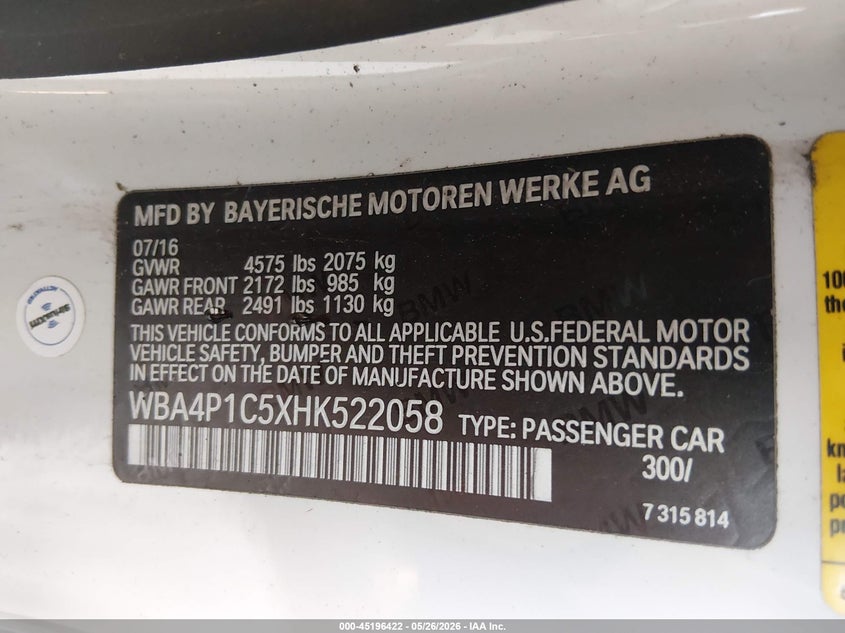 2017 BMW 4er VIN WBA4P1C5XHK522058 IAAI salvage auction — LEFT REAR, Bill Of Sale (Washington), sold $8,300 on 2026-07-08 (photo 9)