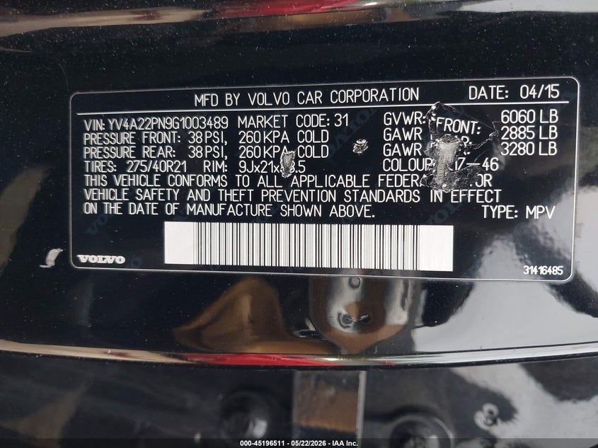 2016 Volvo Xc90 VIN YV4A22PN9G1003489 IAAI salvage auction — FRONT END, Salvage (New Hampshire), sold $4,050 on 2026-08-05 (photo 9)