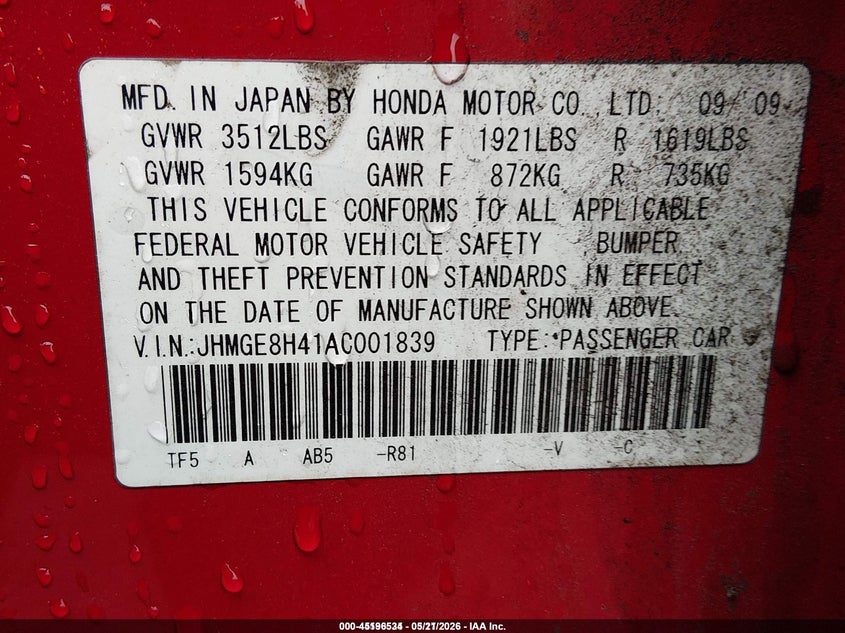 2010 Honda Fit VIN JHMGE8H41AC001839 IAAI salvage auction — MECHANICAL, Salvage (Idaho), sold $650 on 2026-07-08 (photo 9)