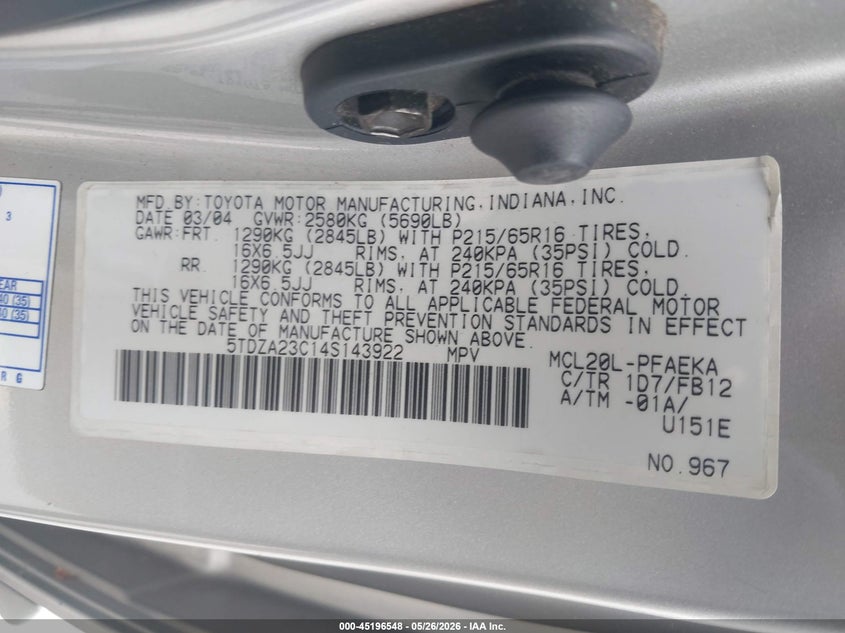 2004 Toyota Sienna VIN 5TDZA23C14S143922 IAAI salvage auction — NORMAL WEAR, Clear - Dealer Only (California), sold $675 on 2026-07-06 (photo 9)