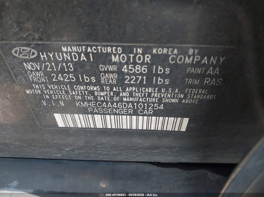 2013 Hyundai Sonata VIN KMHEC4A46DA101254 IAAI salvage auction — NORMAL WEAR, Clear - Dealer Only (California), sold $600 on 2026-07-20 (photo 9)