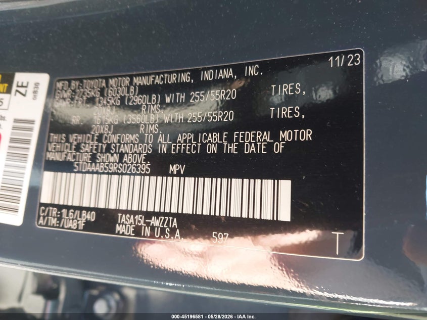 2024 Toyota Highlander VIN 5TDAAAB59RS026395 IAAI salvage auction — LEFT & RIGHT, Salvage Title, sold $27,300 on 2026-07-07 (photo 9)