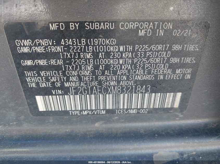 2021 Subaru Xv VIN JF2GTAECXM8321843 IAAI salvage auction — FRONT END, Regular (South Dakota), sold $5,250 on 2026-07-14 (photo 9)