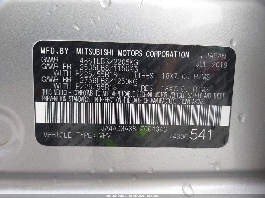 2020 Mitsubishi Outlander VIN JA4AD3A38LZ004343 IAAI salvage auction — HAIL, Salvage Title, sold $3,550 on 2026-07-27 (photo 9)