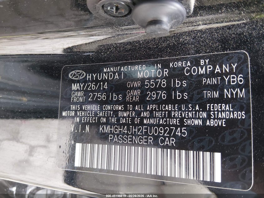 2015 Hyundai Equus VIN KMHGH4JH2FU092745 IAAI salvage auction — FRONT END, Salvage Title, sold $1,100 on 2026-07-17 (photo 9)