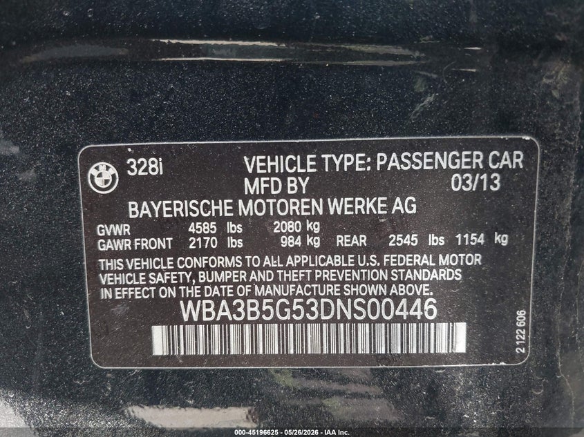 2013 BMW 3er VIN WBA3B5G53DNS00446 IAAI salvage auction — WATER/FLOOD, Mv-907A (New York), sold $475 on 2026-07-07 (photo 9)