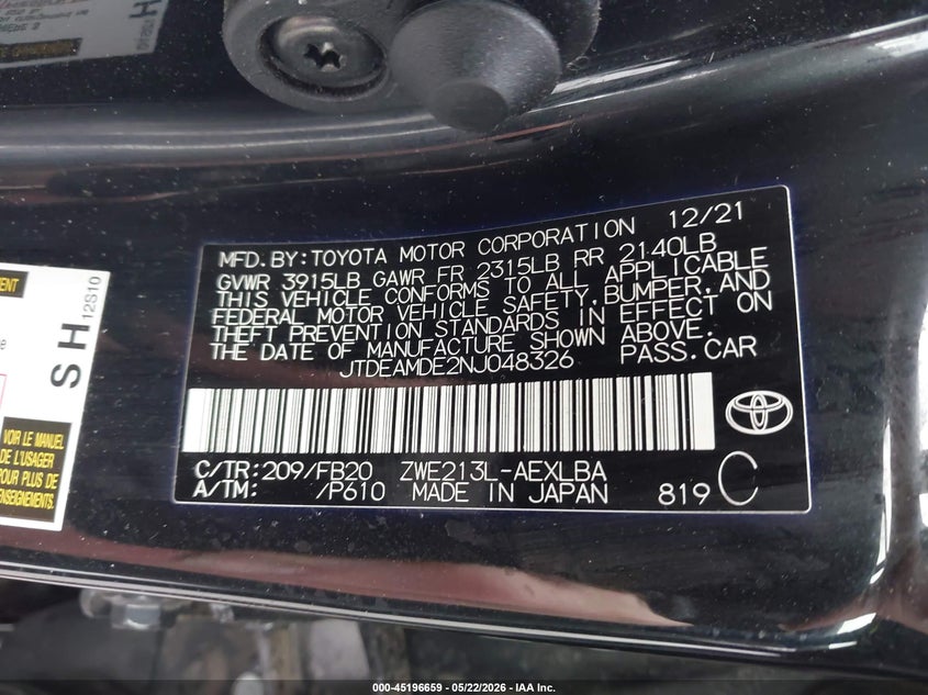 2022 Toyota Corolla VIN JTDEAMDE2NJ048326 IAAI salvage auction — FRONT END, Salvage (Minnesota), sold $13,400 on 2026-07-20 (photo 9)