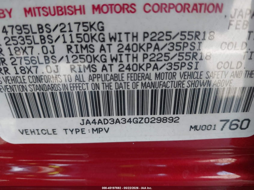 2016 Mitsubishi Outlander VIN JA4AD3A34GZ029892 IAAI salvage auction — FRONT END, Salvage (California), sold $1,150 on 2026-07-22 (photo 9)
