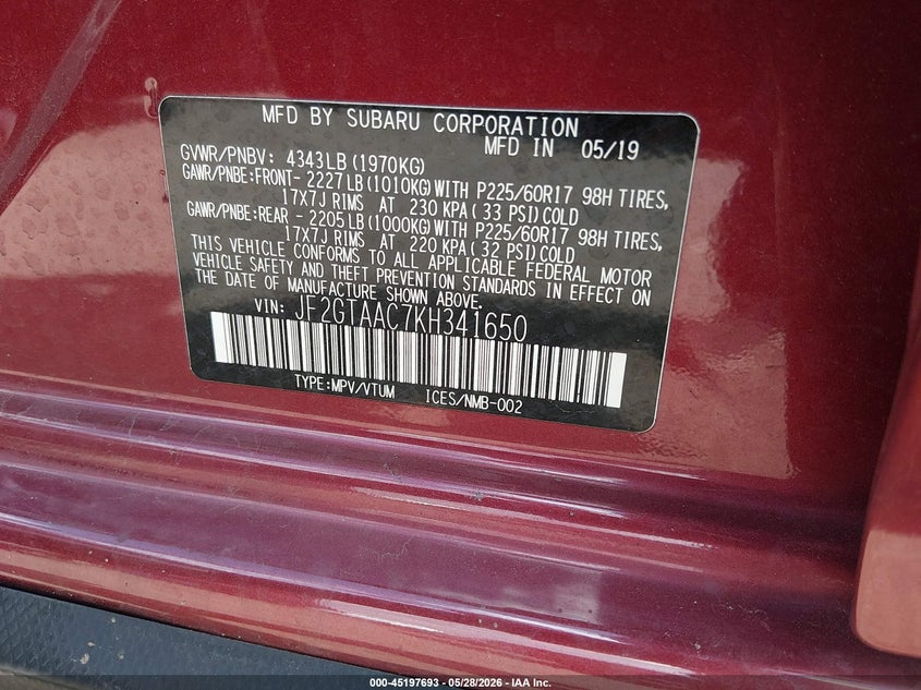 2019 Subaru Xv VIN JF2GTAAC7KH341650 IAAI salvage auction — FRONT END, Salvage Title, sold $3,100 on 2026-07-20 (photo 9)