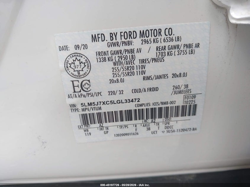 2020 Lincoln Aviator VIN 5LM5J7XC5LGL33472 IAAI salvage auction — FRONT END, Salvage Title, sold $9,900 on 2026-07-26 (photo 9)
