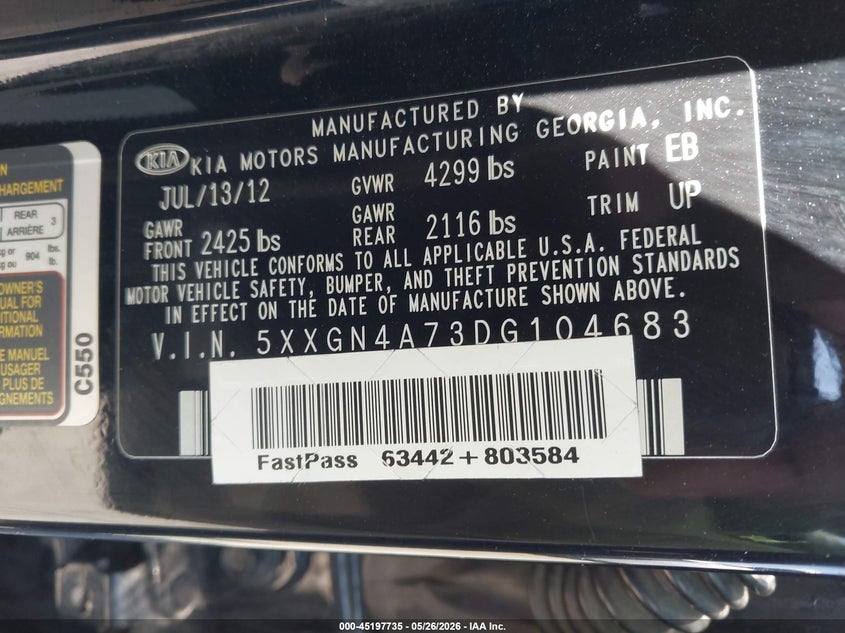 2013 Kia Optima VIN 5XXGN4A73DG104683 IAAI salvage auction — FRONT END, Salvage (Arizona), sold $800 on 2026-07-30 (photo 9)
