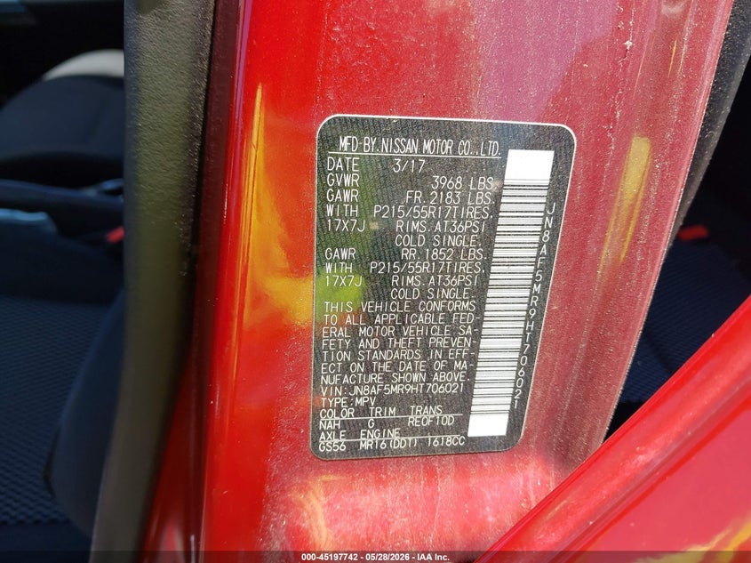2017 Nissan Juke VIN JN8AF5MR9HT706021 IAAI salvage auction — LEFT REAR, Salvage Title, sold $1,350 on 2026-07-17 (photo 9)