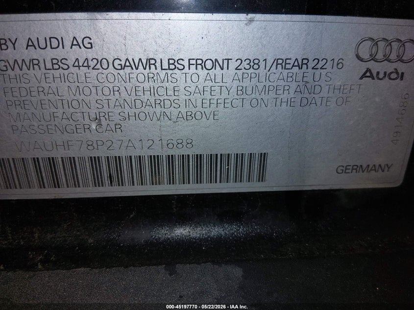 2007 Audi A3 VIN WAUHF78P27A121688 IAAI salvage auction — FRONT END, Clear (Tennessee), sold $300 on 2026-07-20 (photo 9)