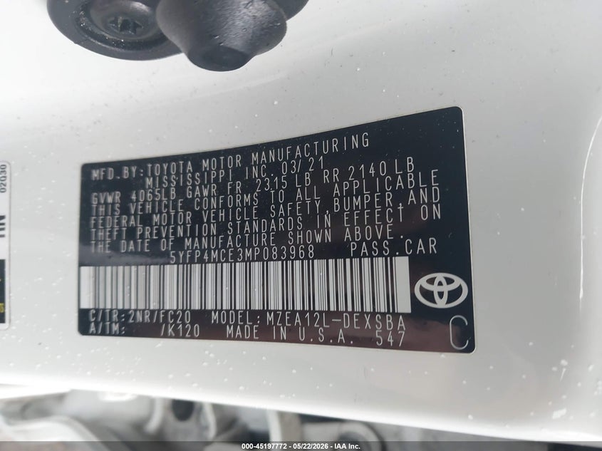 2021 Toyota Corolla VIN 5YFP4MCE3MP083968 IAAI salvage auction — FRONT END, Salvage (Virginia), sold $5,100 on 2026-07-28 (photo 9)
