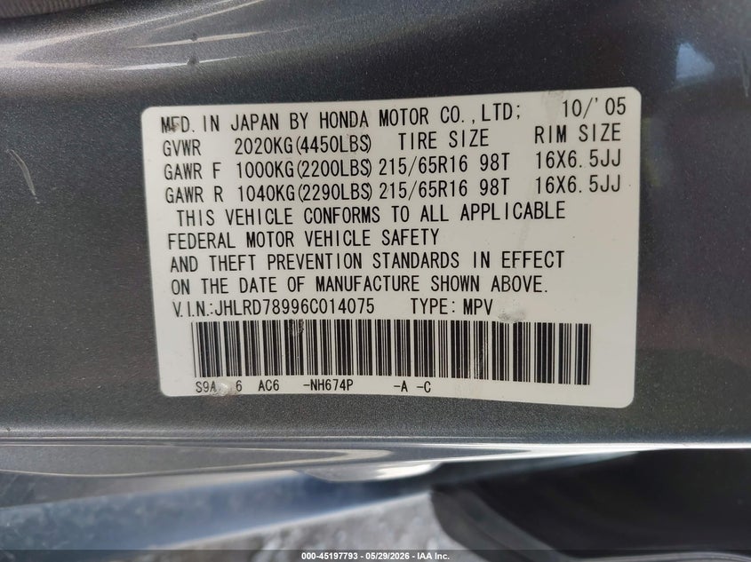 2006 Honda Cr-v VIN JHLRD78996C014075 IAAI salvage auction — REAR END, Clear (Montana), sold $950 on 2026-07-22 (photo 9)