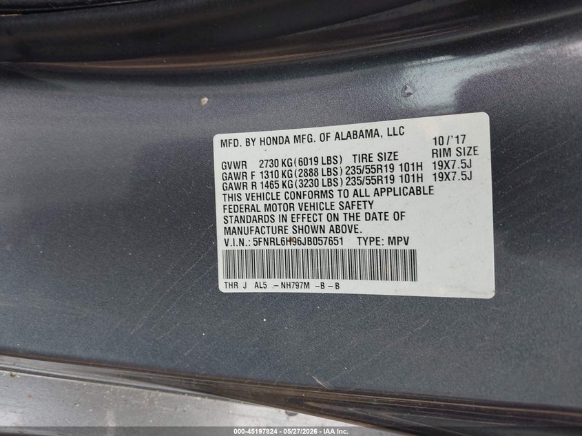 2018 Honda Odyssey VIN 5FNRL6H96JB057651 IAAI salvage auction — REAR END, Salvage Title, sold $2,025 on 2026-07-22 (photo 9)