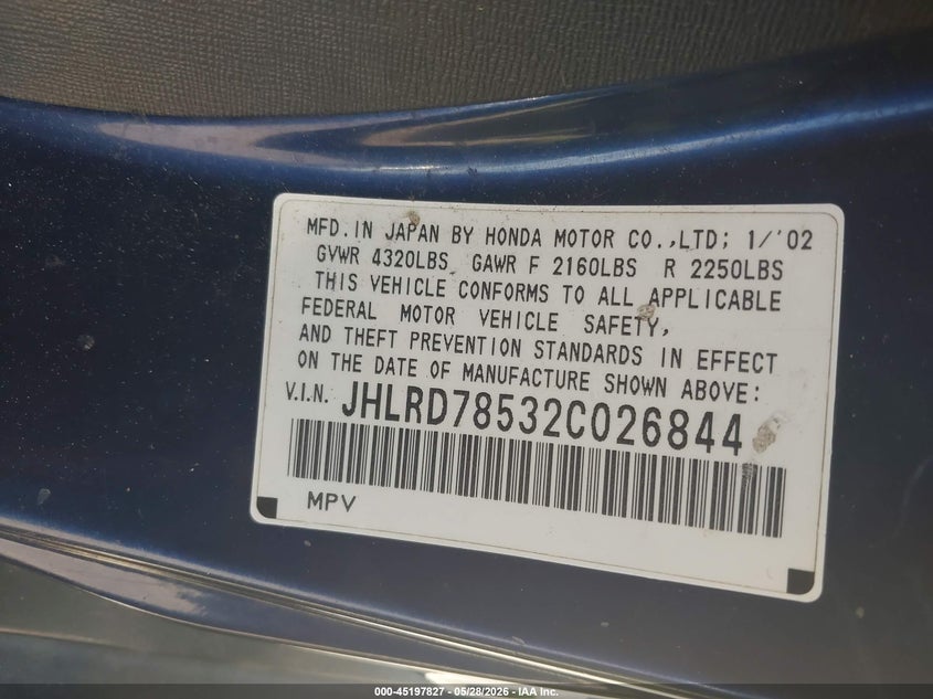 2002 Honda Cr-v VIN JHLRD78532C026844 IAAI salvage auction — FRONT END, Salvage (New Jersey), sold $225 on 2026-07-14 (photo 9)