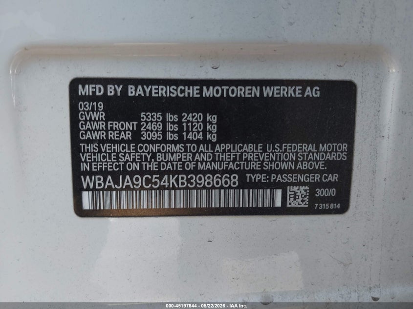 2019 BMW 5er VIN WBAJA9C54KB398668 IAAI salvage auction — FRONT END, Salvage (California), sold $10,200 on 2026-07-29 (photo 9)