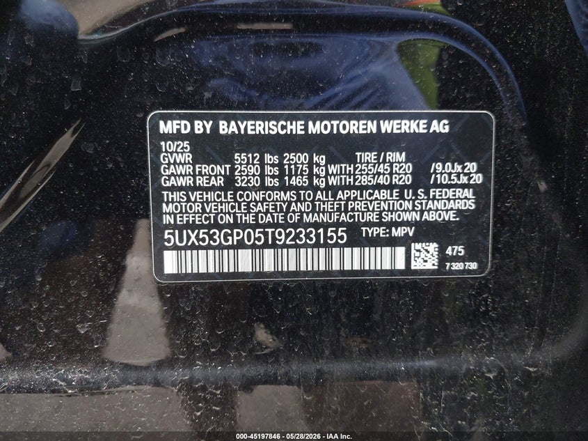2026 BMW X3 VIN 5UX53GP05T9233155 IAAI salvage auction — LEFT FRONT, Salvage Title, sold $28,450 on 2026-07-20 (photo 9)
