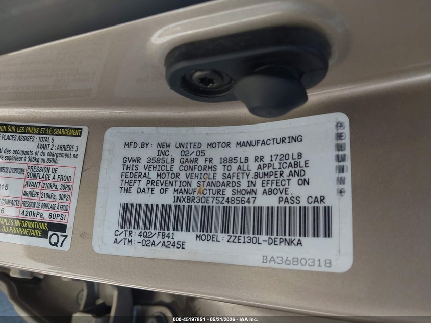 2005 Toyota Corolla VIN 1NXBR30E75Z485647 IAAI salvage auction — NORMAL WEAR, Salvage (Texas), sold $350 on 2026-07-09 (photo 9)