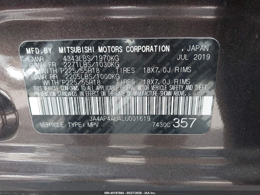 2020 Mitsubishi Outlander VIN JA4AP4AU4LU001619 IAAI salvage auction — FRONT END, Salvage Title, sold $3,700 on 2026-07-08 (photo 9)