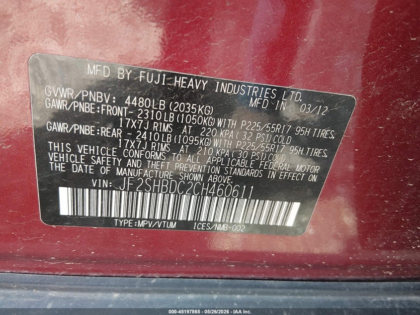2012 Subaru Forester VIN JF2SHBDC2CH460611 IAAI salvage auction — LEFT REAR, Salvage Title, sold $1,050 on 2026-07-16 (photo 9)