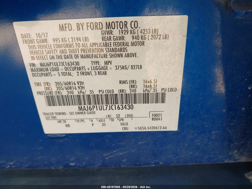2018 Ford Ecosport VIN MAJ6P1UL7JC163430 IAAI salvage auction — FRONT END, Salvage Title, sold $4,150 on 2026-07-20 (photo 9)