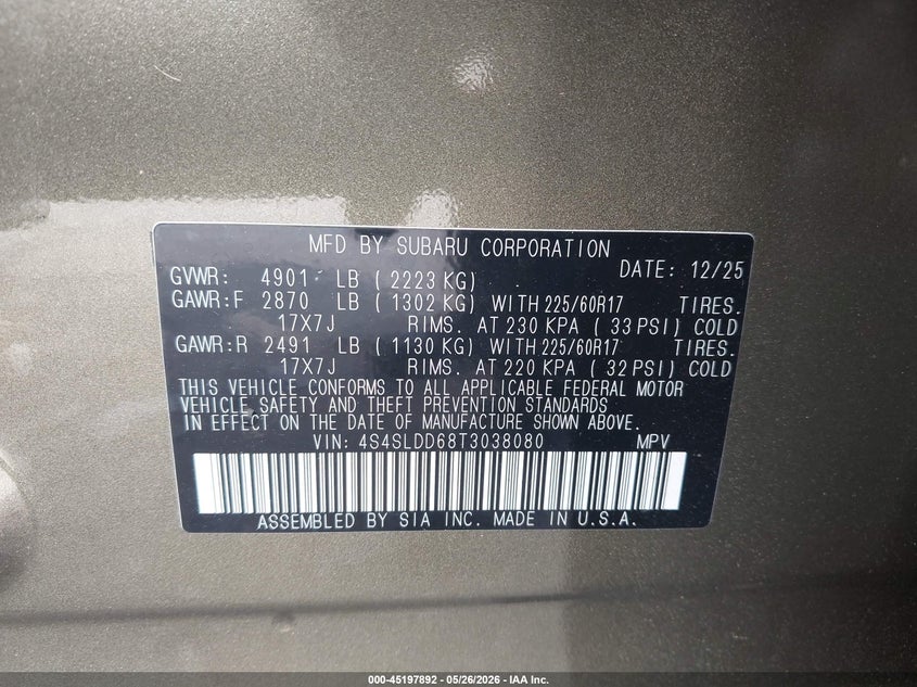 2026 Subaru Forester VIN 4S4SLDD68T3038080 IAAI salvage auction — FRONT END, Salvage Title, sold $10,550 on 2026-07-31 (photo 9)