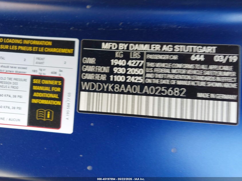 2020 Mercedes-benz AMG GT VIN WDDYK8AA0LA025682 IAAI salvage auction — FRONT END, Salvage (Arizona), sold $32,500 on 2026-07-29 (photo 9)