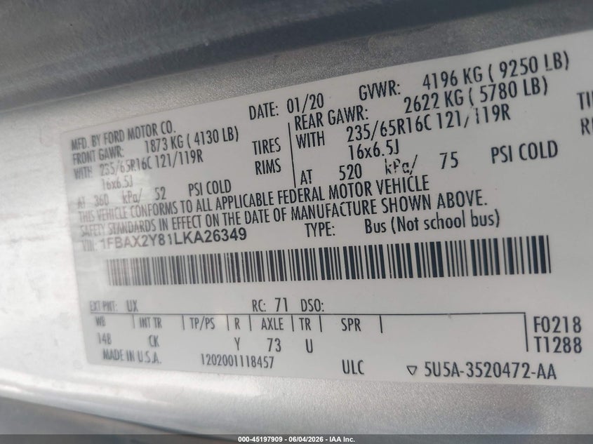 2020 Ford Transit VIN 1FBAX2Y81LKA26349 IAAI salvage auction — UNKNOWN, Salvage Title, sold $7,700 on 2026-07-09 (photo 9)