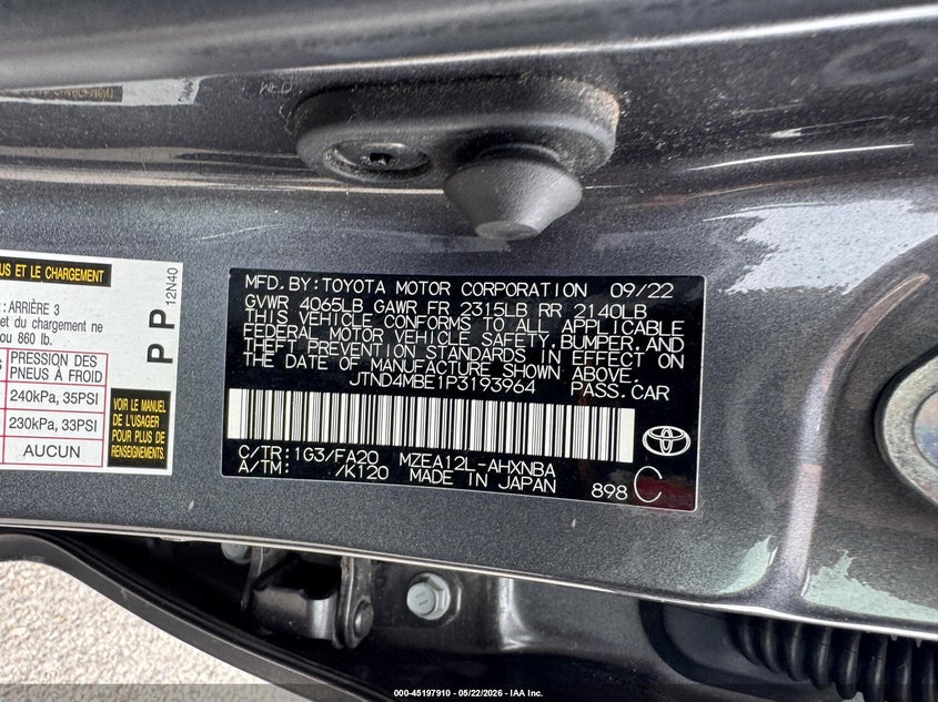 2023 Toyota Corolla VIN JTND4MBE1P3193964 IAAI salvage auction — SIDE, Clear (Maryland), sold $3,250 on 2026-07-15 (photo 9)
