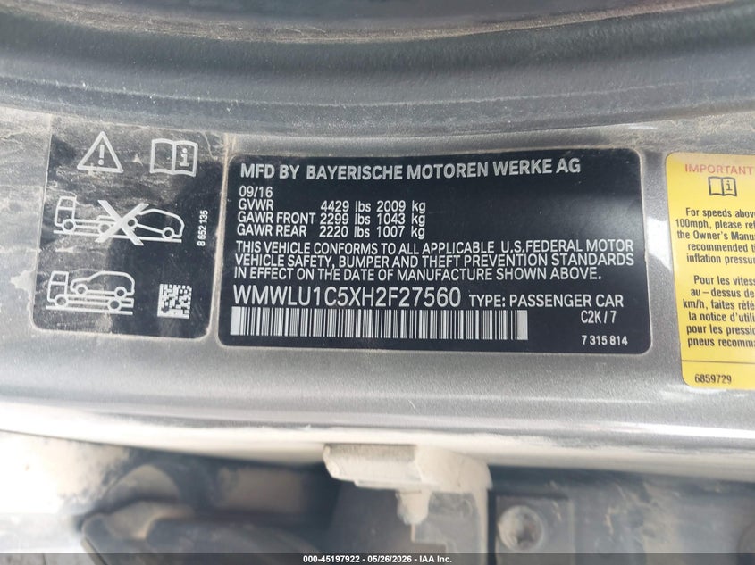 2017 Mini Clubman VIN WMWLU1C5XH2F27560 IAAI salvage auction — FRONT END, Salvage (Illinois), sold $3,650 on 2026-08-11 (photo 9)