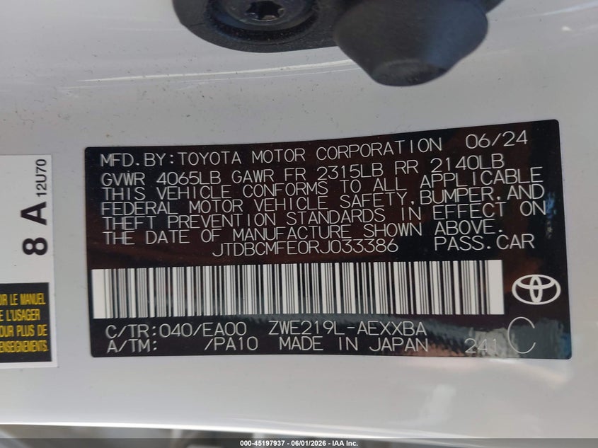 2024 Toyota Corolla VIN JTDBCMFE0RJ033386 IAAI salvage auction — FRONT END, Salvage Title, sold $7,600 on 2026-07-22 (photo 9)