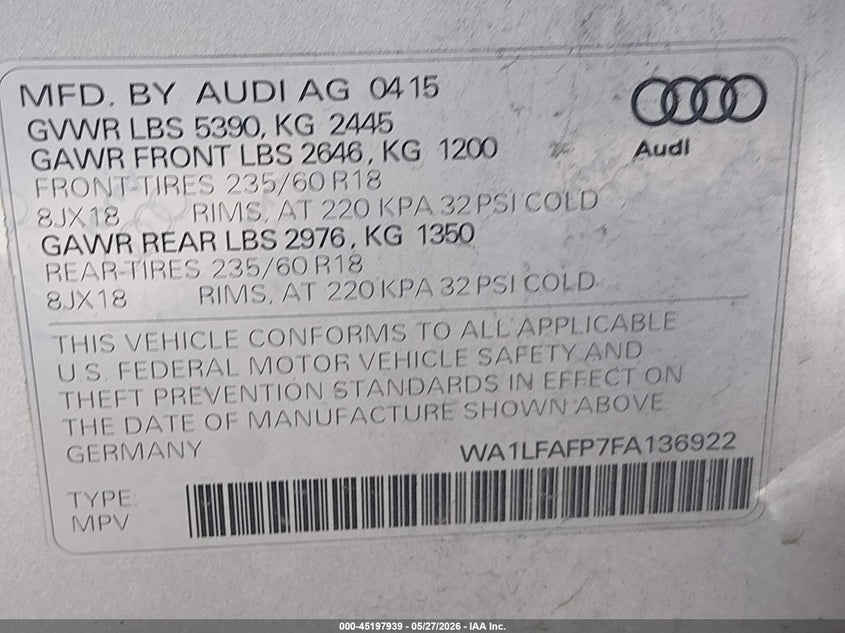 2015 Audi Q5 VIN WA1LFAFP7FA136922 IAAI salvage auction — RIGHT FRONT, Bill Of Sale (Washington), sold $3,350 on 2026-07-29 (photo 9)