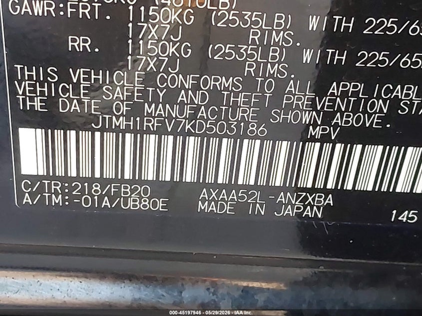 2019 Toyota Rav 4 VIN JTMH1RFV7KD503186 IAAI salvage auction — FRONT END, Salvage Title, sold $7,000 on 2026-07-24 (photo 9)