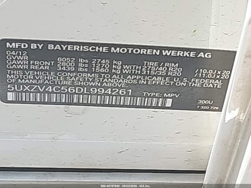 2013 BMW X5 VIN 5UXZV4C56DL994261 IAAI salvage auction — REAR END, Salvage (Colorado), sold $400 on 2026-07-28 (photo 9)