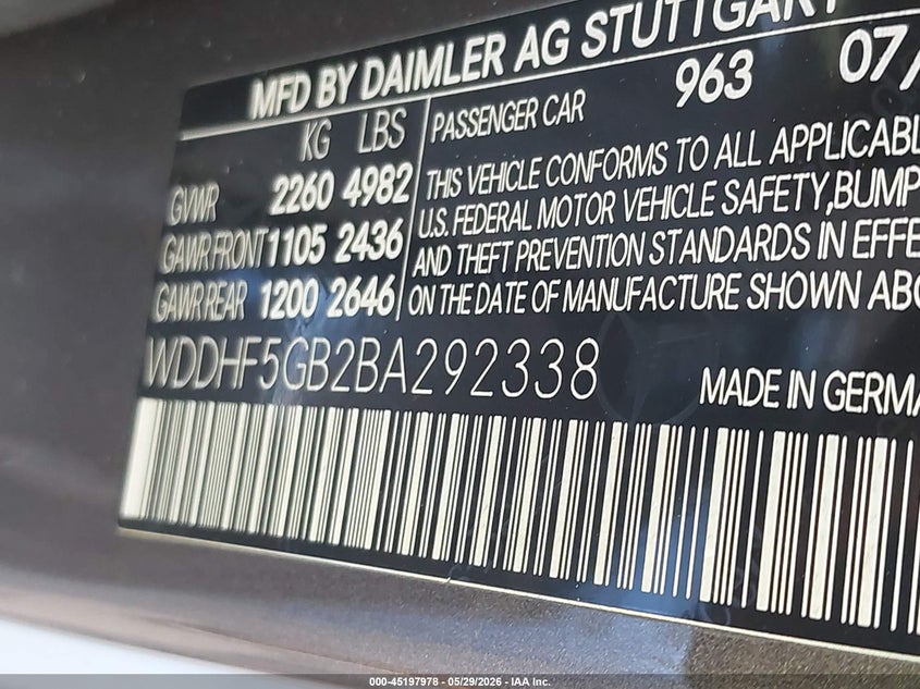 2011 Mercedes-benz E-class VIN WDDHF5GB2BA292338 IAAI salvage auction — HAIL, Original (Texas), sold $2,650 on 2026-08-15 (photo 9)