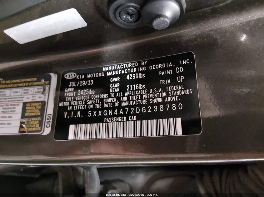 2013 Kia Optima VIN 5XXGN4A72DG238780 IAAI salvage auction — FRONT END, Salvage (Iowa), sold $650 on 2026-07-07 (photo 9)