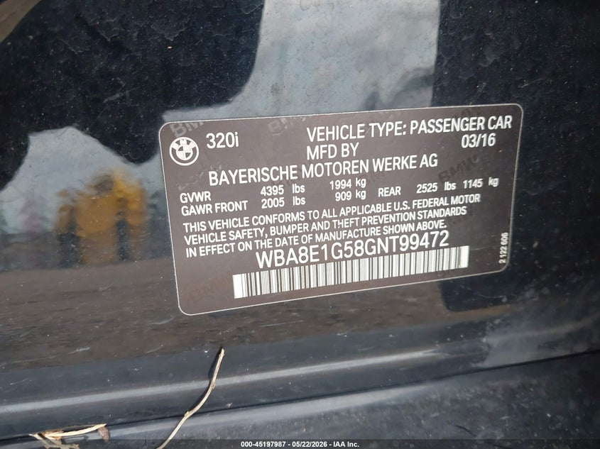 2016 BMW VIN WBA8E1G58GNT99472 IAAI salvage auction — UNKNOWN, Salvage (Texas), sold $1,800 on 2026-07-15 (photo 9)