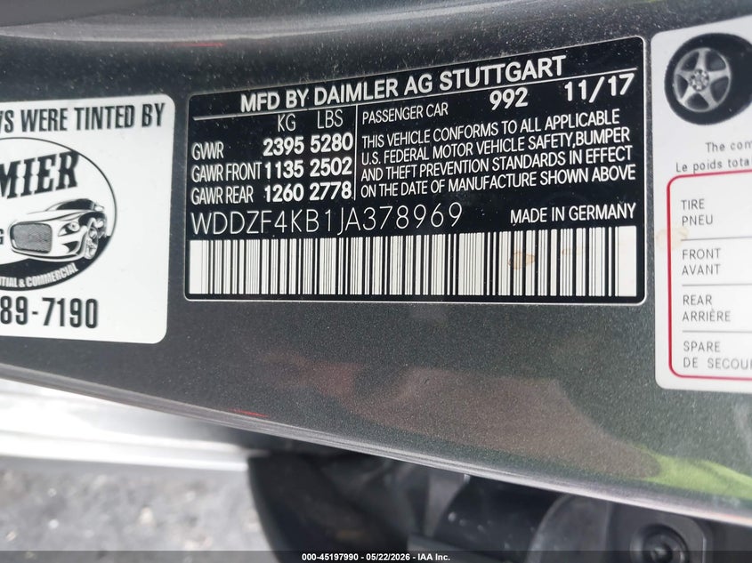 2018 Mercedes-benz VIN WDDZF4KB1JA378969 IAAI salvage auction — REAR END, Salvage (Missouri), sold $10,100 on 2026-08-08 (photo 9)