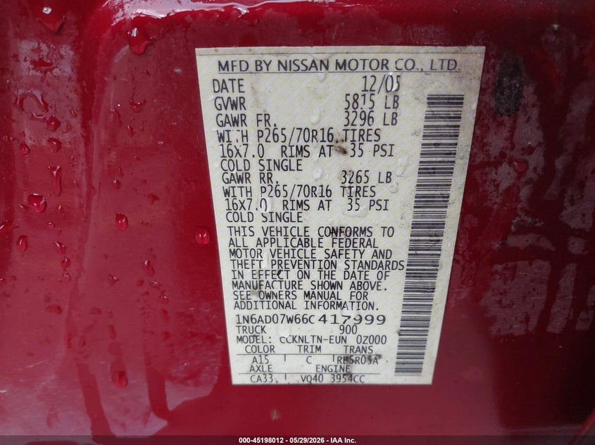 2006 Nissan Frontier VIN 1N6AD07W66C417999 IAAI salvage auction — ROLLOVER, Salvage (Oregon), sold $625 on 2026-07-09 (photo 9)