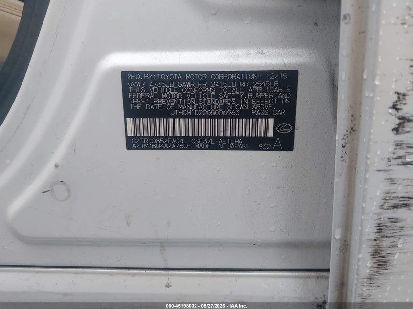 2016 Lexus Is VIN JTHCM1D22G5006963 IAAI salvage auction — FRONT END, Salvage Title, sold $2,350 on 2026-07-13 (photo 9)